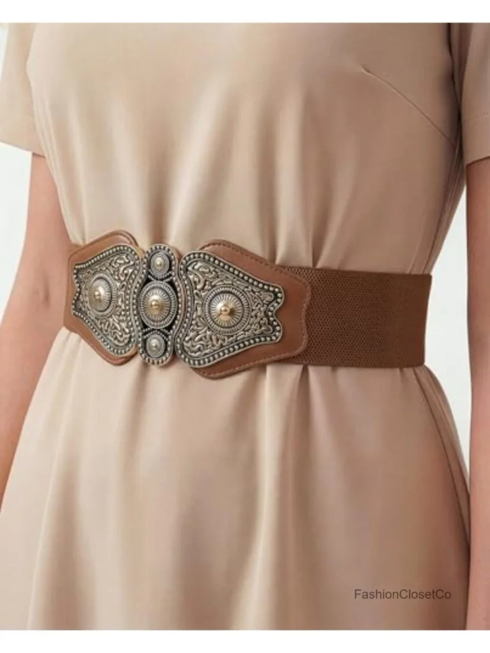 Antique Gold Filigree Buckle Waist Belt - Wide Elastic, Faux Leather
